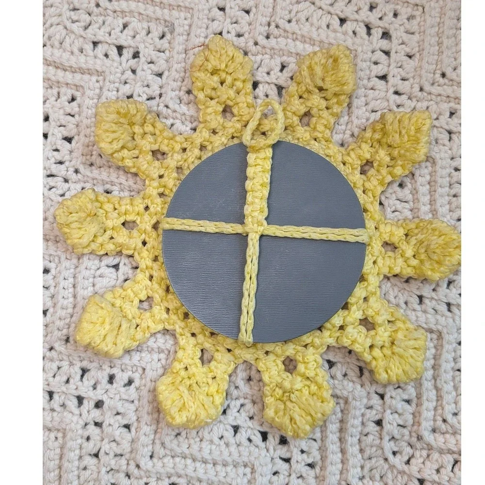 Handmade Yellow Crochet Sun Mirror Boho Wall Decor Sunburst Nursery Accent 10in